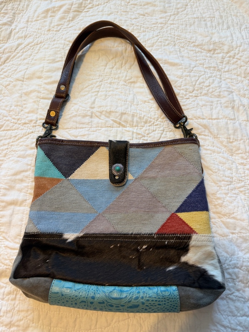 Myra Bag!!! Multicolor Canvas Shoulder Bag with Leather Trim